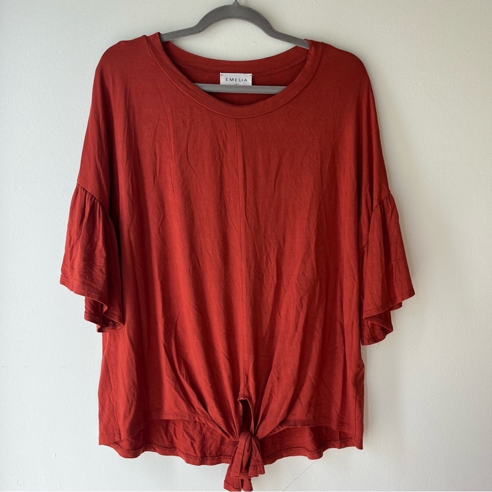 Emelia Oversized Tie Front Flutter Sleeve Top Rust Red Small Made in USA Modal